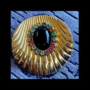 Vtg scalloped gold rainbow rhinestone black pin